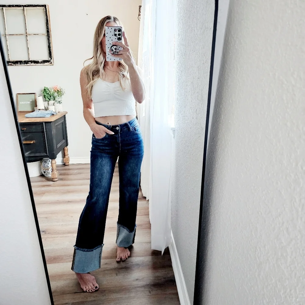 Risen Mid Rise Dark Wash Slim Wide Leg Wide Cuff Denim Jeans Stretch Various NEW - Picture 2 of 11